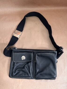 Roots Black Leather Belt Bag. 10” by 6.5” by 1”